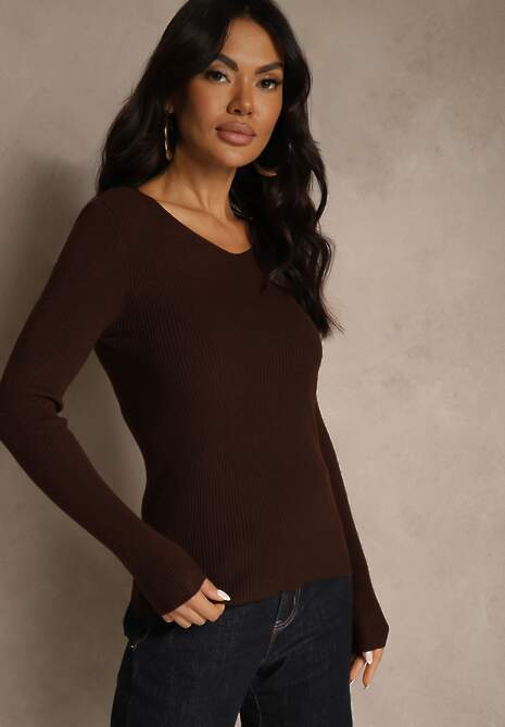 Brązowy Sweter z Bawełną z Prążkowanej Dzianiny Reisaria