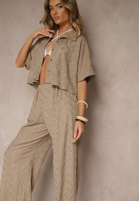 Jasnobrązowy Komplet o Ażurowym Wykończeniu Koszula i Długie Spodnie z Gumką w Pasie Bemvia