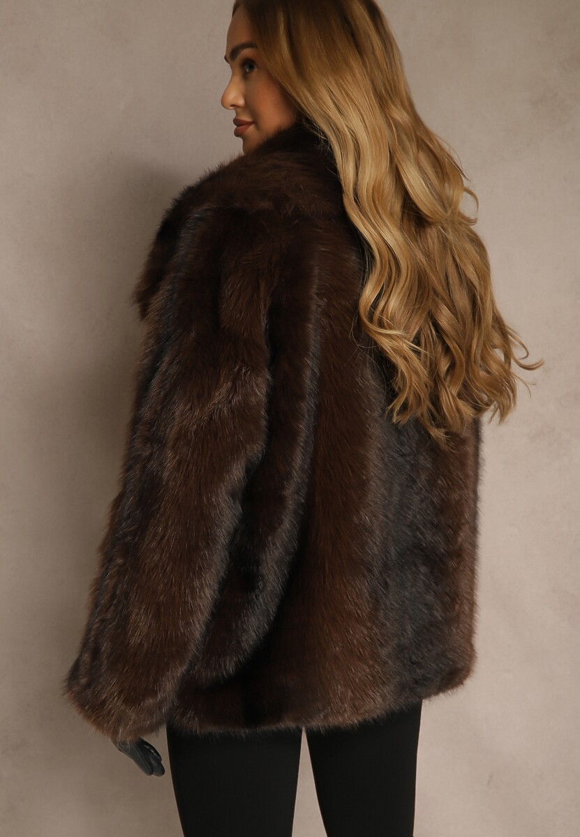 Brązowa Jednorzędowa Kurtka Futerko z Szerokim Kołnierzem Tesandra