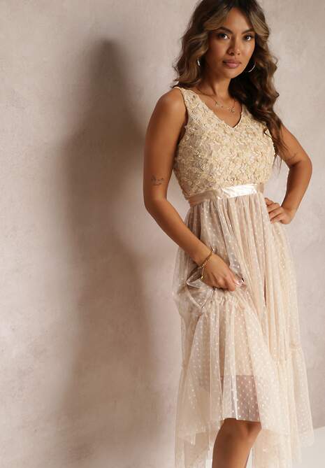 Beżowa Taliowana Sukienka Midi z Ozdobną Siateczką Celerise