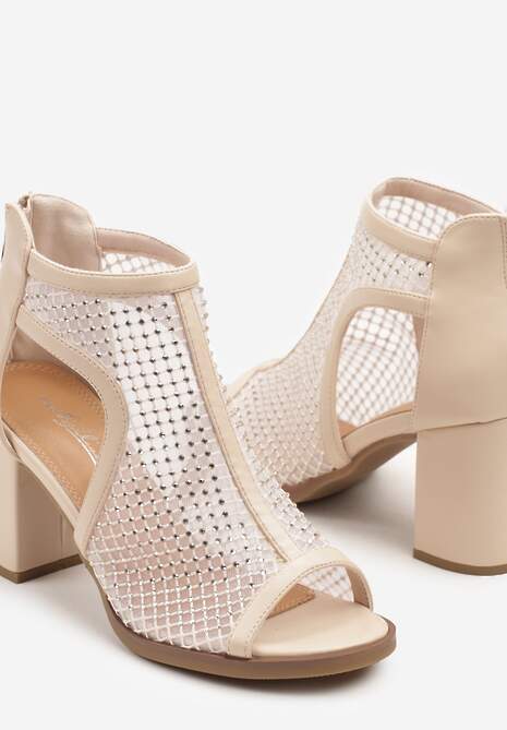 Beżowe Siateczkowe Sandały Stylizowane na Botki na Obcasie z Cyrkoniami Senarila