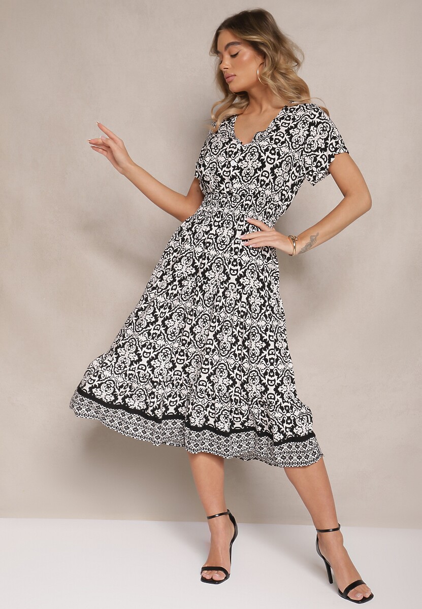 Biało-Czarna Rozkloszowana Sukienka z Bawełny w Print Paisley Lanarisa