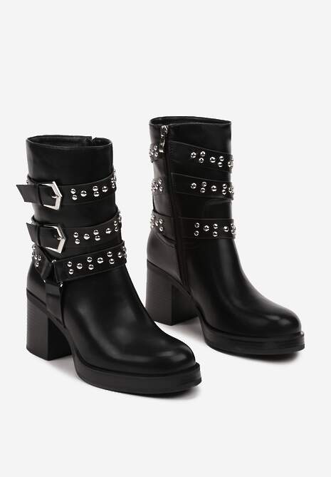 Czarne Botki w Stylu Biker z Licznymi Paskami z Nitami Nirinae