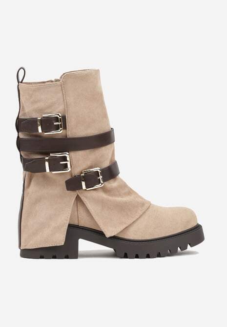 Ciemnobeżowe Botki Bikery Ozdobione Klamrami i Wywiniętą Cholewką Seride
