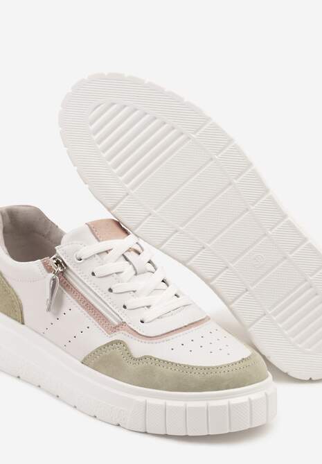Biało-Zielone Sneakersy ze Skóry Naturalnej z Ozdobnym Suwakiem Tilliraya