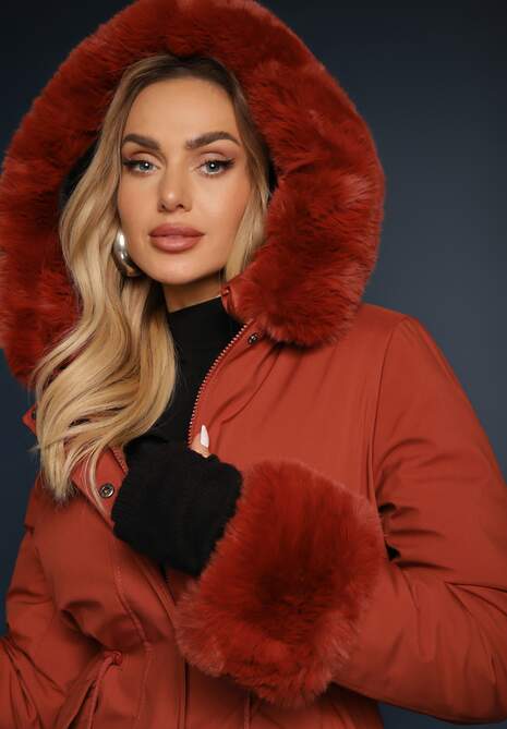 Pomarańczowa Dwustronna Kurtka o Fasonie Parki z Kapturem i Odpinanym Futerkiem Nevetalie