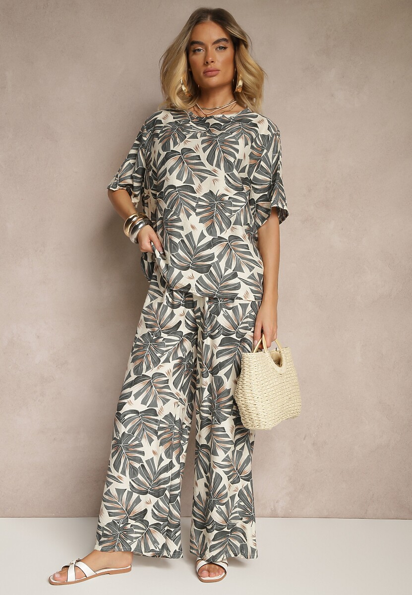 Szary Komplet z Wiskozy Zdobiony Roślinnym Printem T-shirt i Szerokie Spodnie Evialena