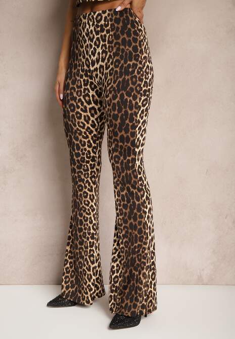 Beżowo-Brązowe Spodnie w Panterkę Dzwony Efralicea