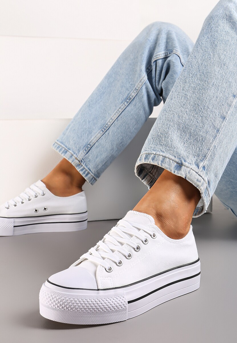 Białe Klasyczne Trampki przed Kostkę na Grubej Podeszwie Lindeheta