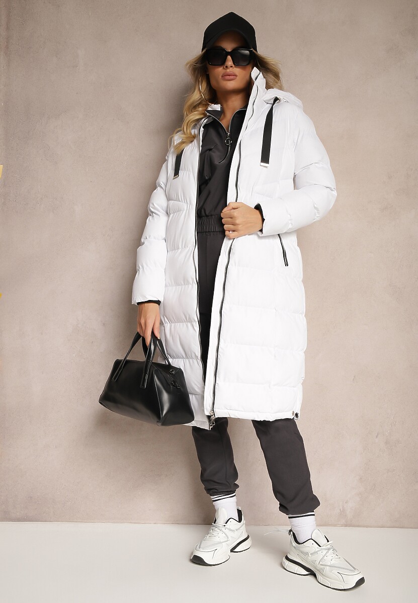 Biała Kurtka z Kapturem i Pikowanymi Przeszyciami Zdobiona Szerokimi Taśmami Etterisa