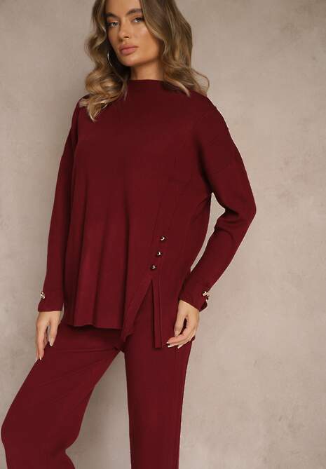 Bordowy Komplet z Dzianiny z Wiskozą Spodnie i Sweter z Ozdobnymi Guzikami Unarea