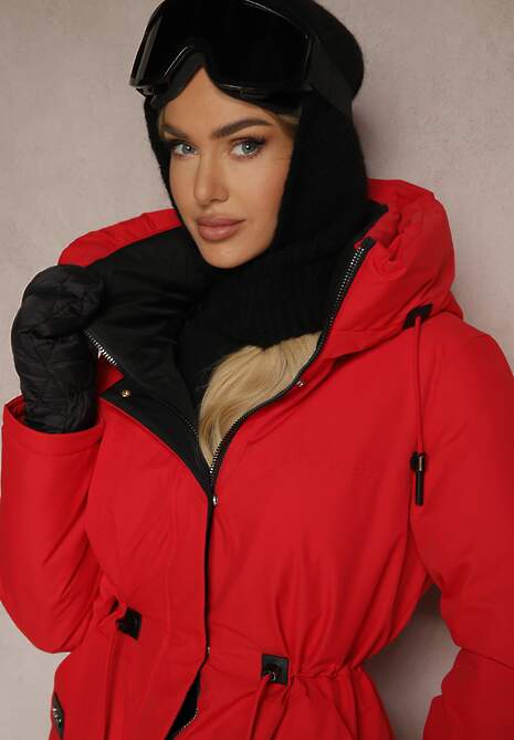 Czerwona Kurtka w Stylu Parki ze Ściągaczem i Kapturem Semelora