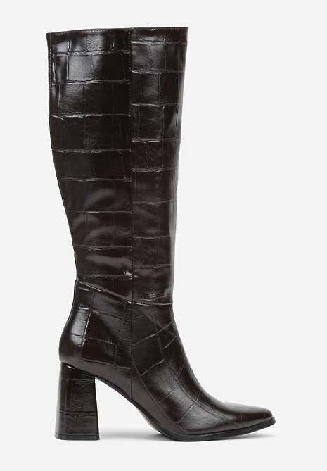 Brązowe Kozaki na Słupkowym Obcasie Zdobione Geometrycznym Tłoczeniem Salinata