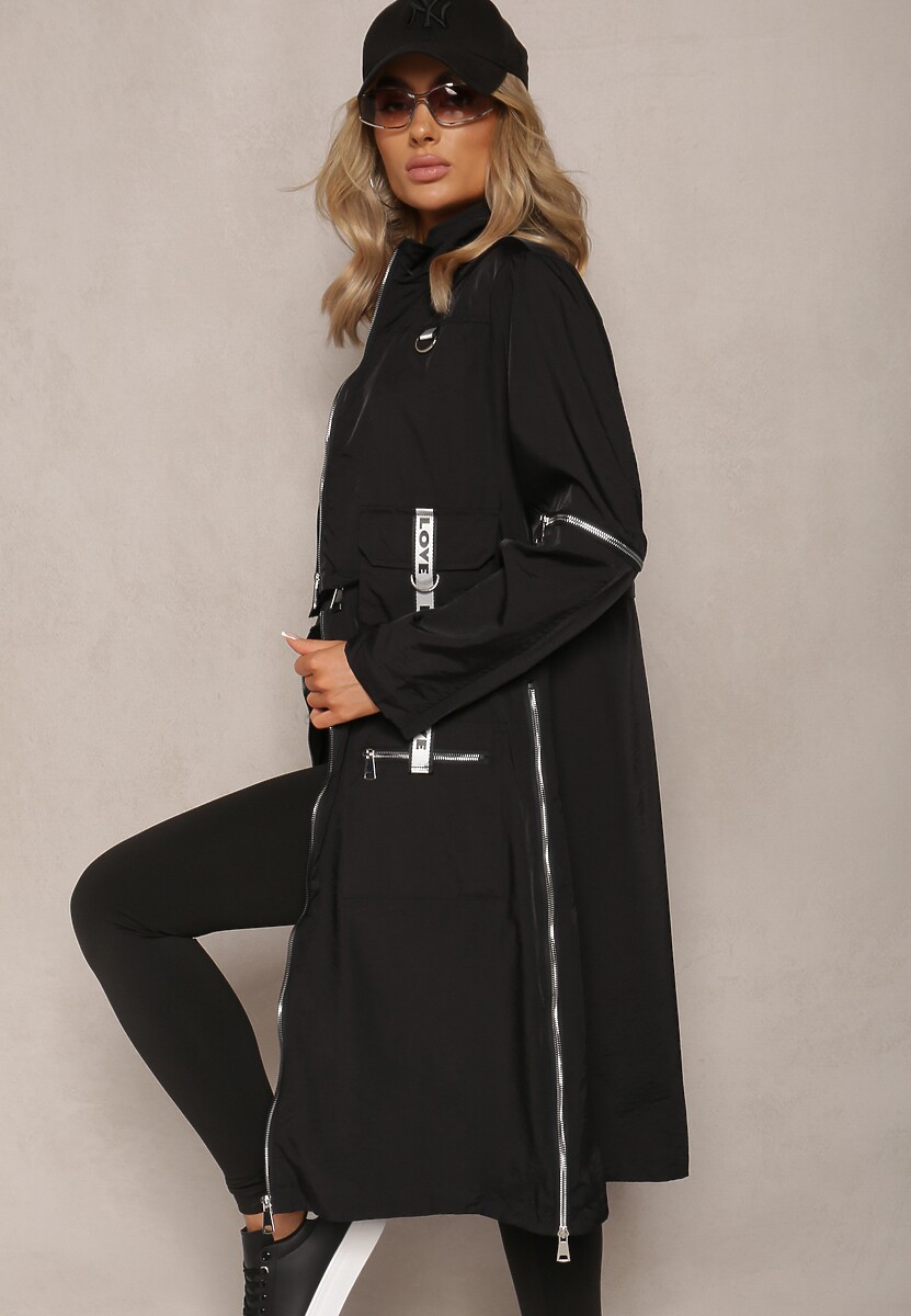 Czarny Płaszcz z Regulowaną Długością i Ozdobnymi Wstawkami Nainika