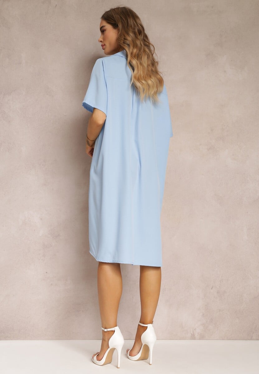 Niebieska Zwiewna Sukienka Rozkloszowana z Kołnierzykiem i Zakładkami Pedrisa