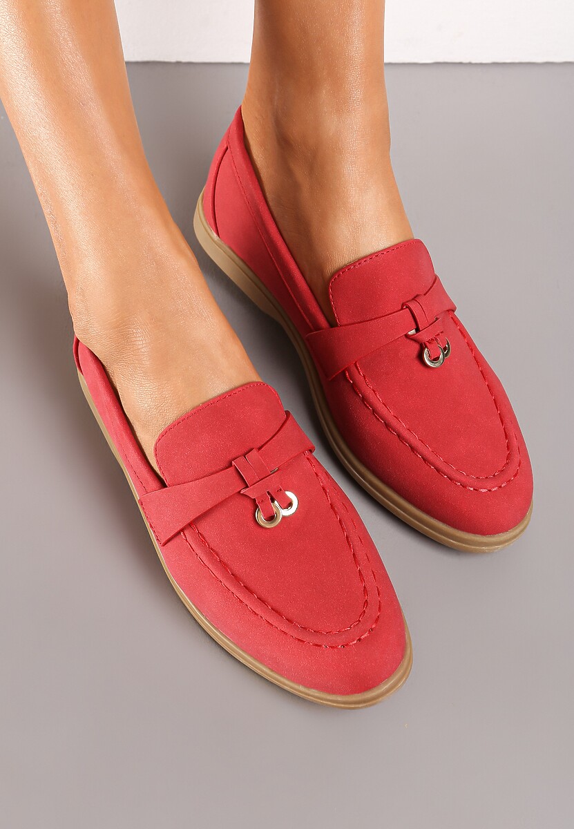 Czerwone Mokasyny z Imitacji Zamszu z Minimalistyczną Zawieszką Rehoda