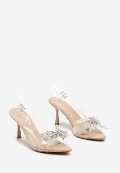 Beżowe Przezroczyste Sandały na Obcasie Typu Klepsydra z Ozdobną Kokardą z Cyrkoniami Nialania