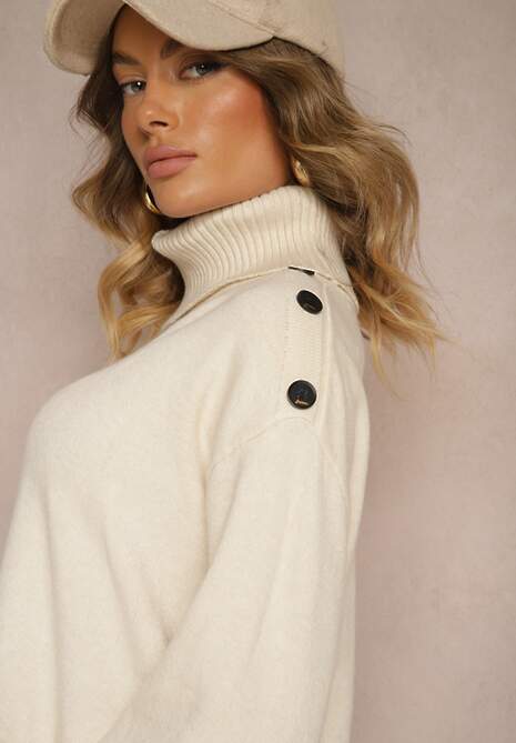 Beżowy Komplet z Wiskozą i Modalem Spodnie o Szerokim Kroju i Golf Ozdobiony Guzikami Sassifra