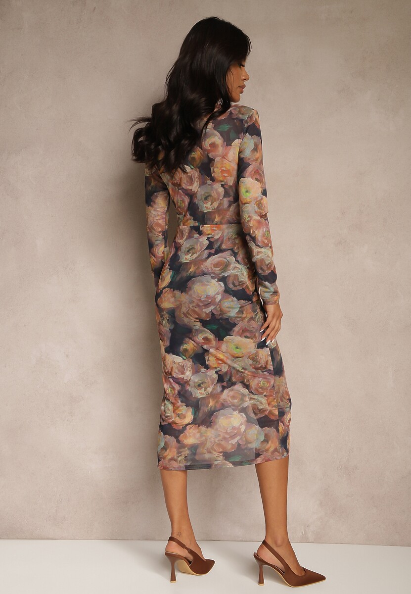 Brązowo-Granatowa Kopertowa Sukienka z Siateczki z Wiskozą Zdobiona Marszczeniem Varseli