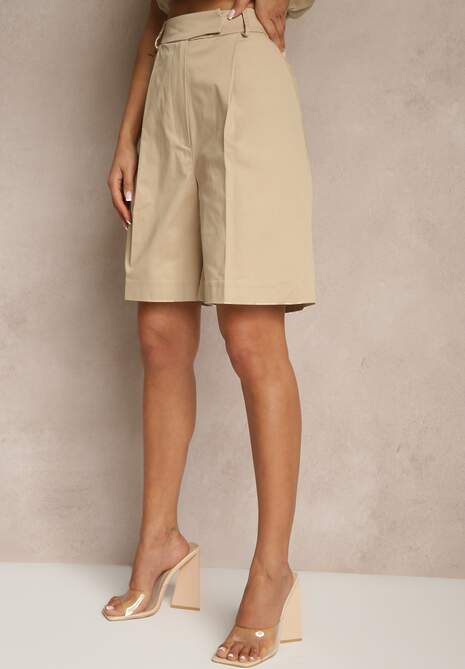 Beżowe Bawełniane Szorty Bermudy High Waist w Eleganckim Stylu Aliriae