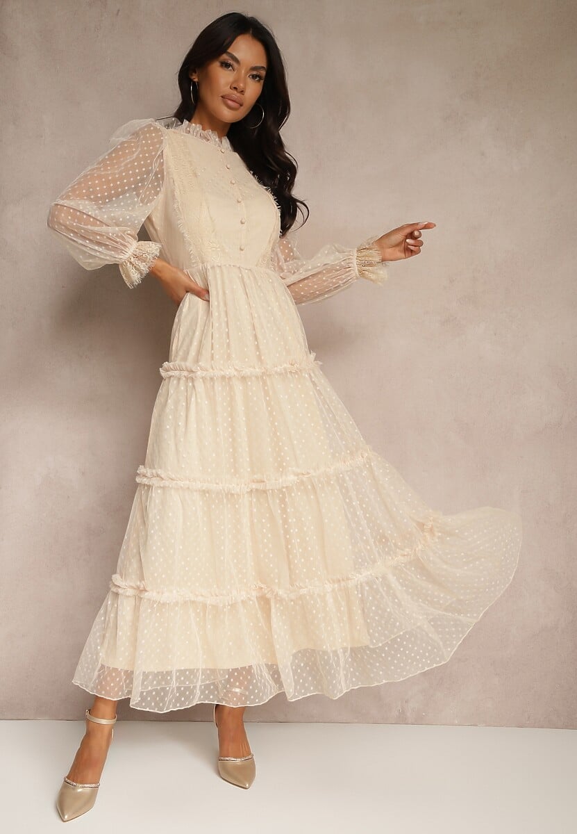 Beżowo-Czarna Tiulowa Sukienka Maxi ze Wstawkami z Koronki i Ozdobnymi Guzikami Aovena