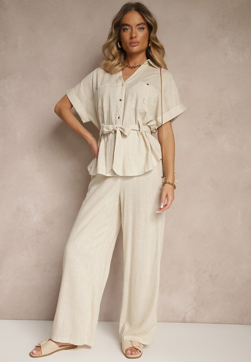 Beżowy Komplet z Bawełną Spodnie i Koszula z Paskiem Rinaretea