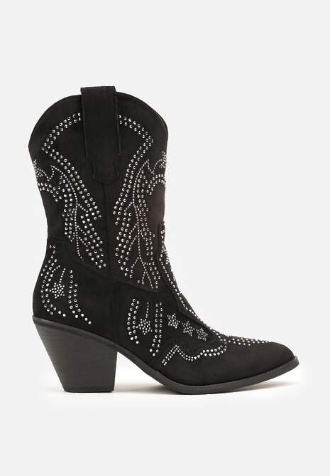 Czarne Botki na Kowbojki na Słupku z Cyrkoniami Flarise
