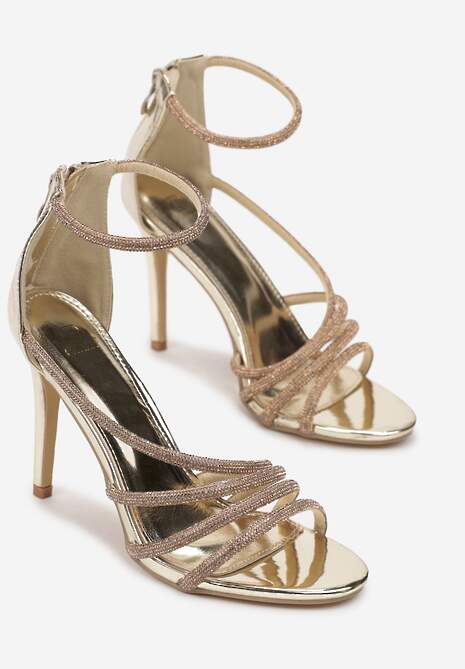 Złote Sandały z Paskami w Cyrkonie na Szpilce Fiarra