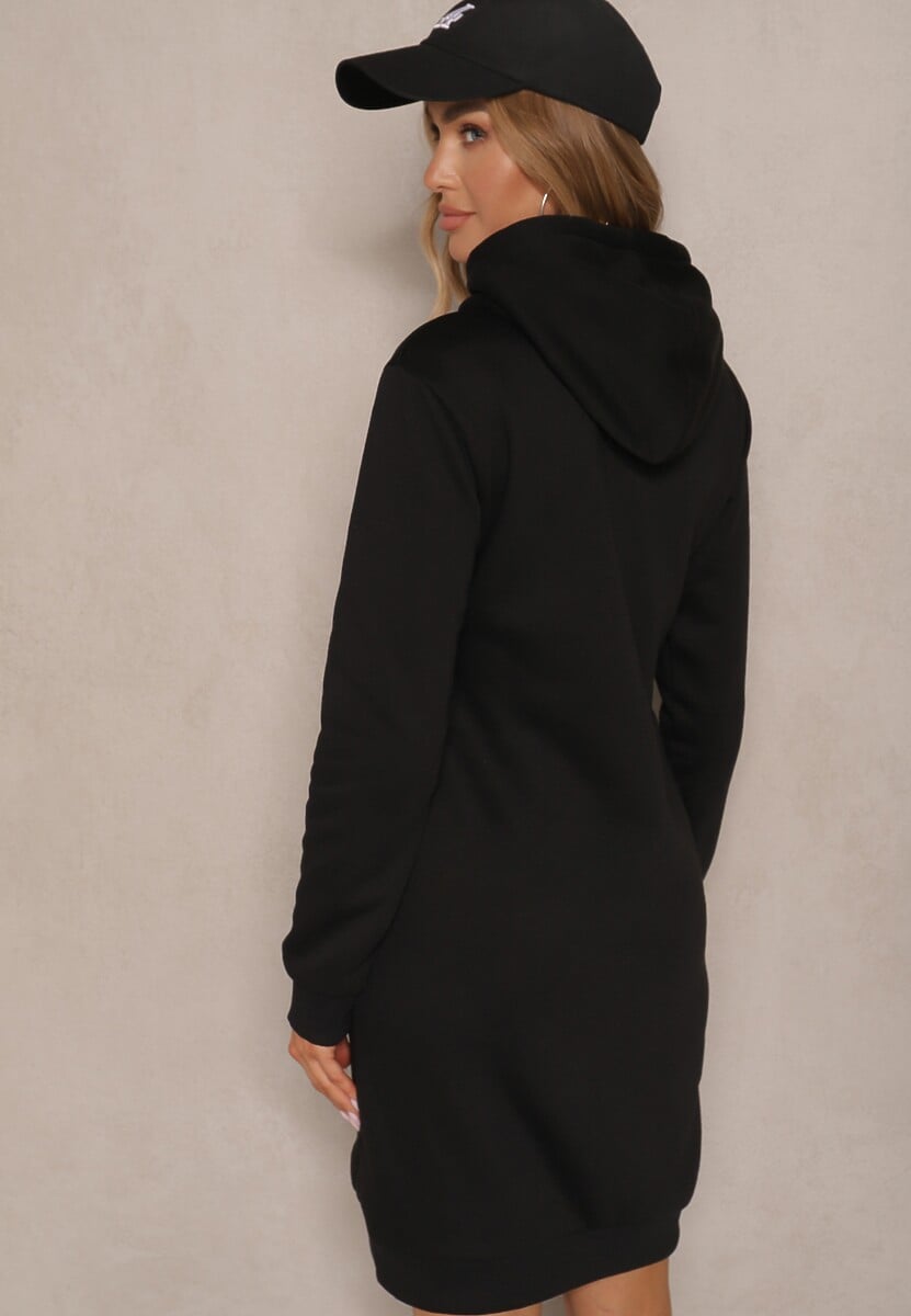 Czarna Bluza Tunika z Dodatkiem Bawełny Wykończona Sznurkami i Kapturem Mivithia