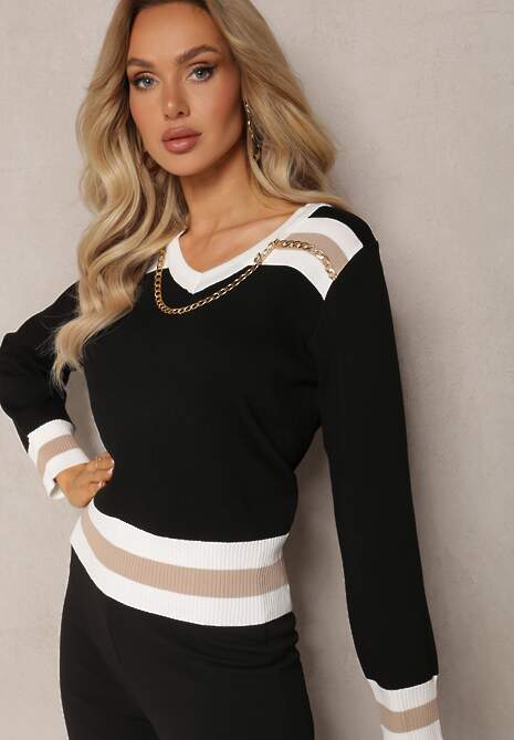 Czarny Sweter Ozdobiony Metalowym Łańcuszkiem przy Szyi ze Ściągaczami Aclitsal