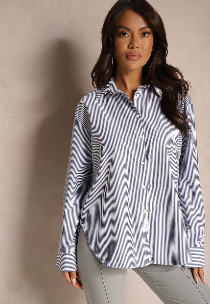 Granatowa Koszula Klasyczna w Paski Kaelena