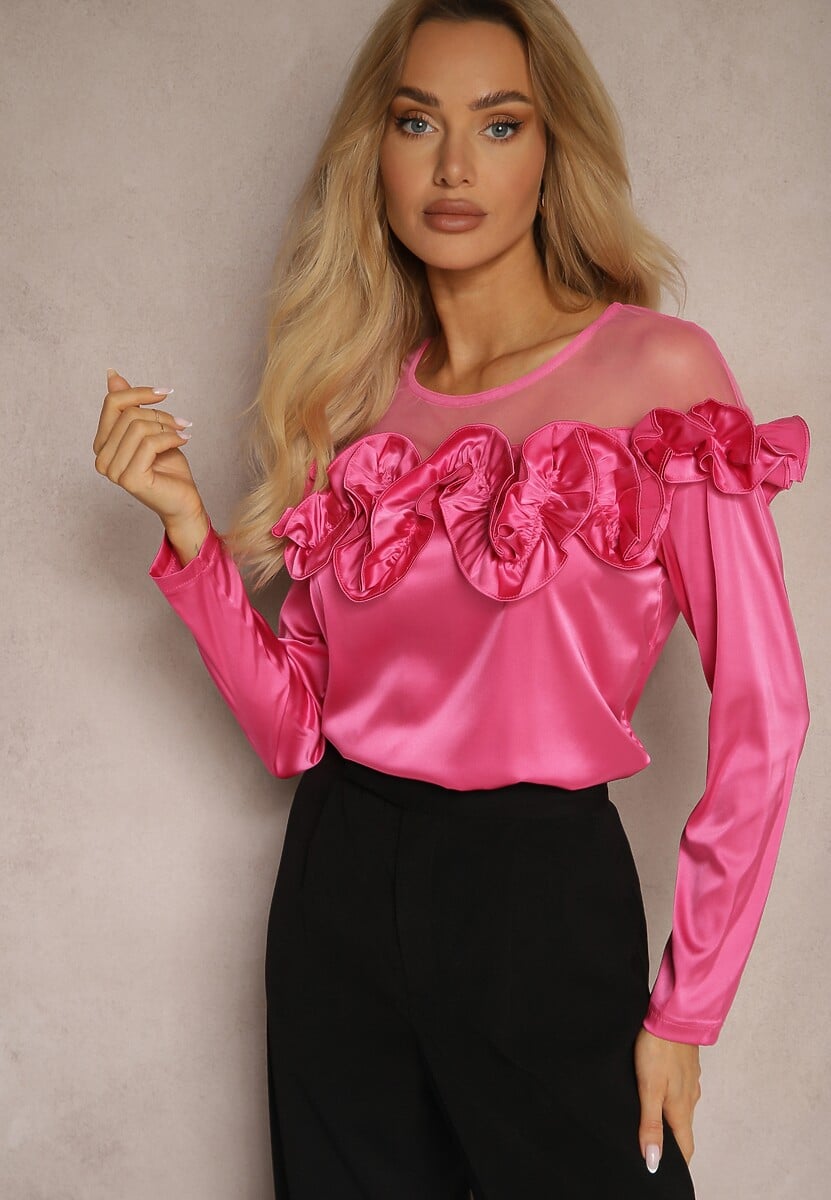 Czarna Satynowa Bluzka z Siateczki i Falbankami Faelira