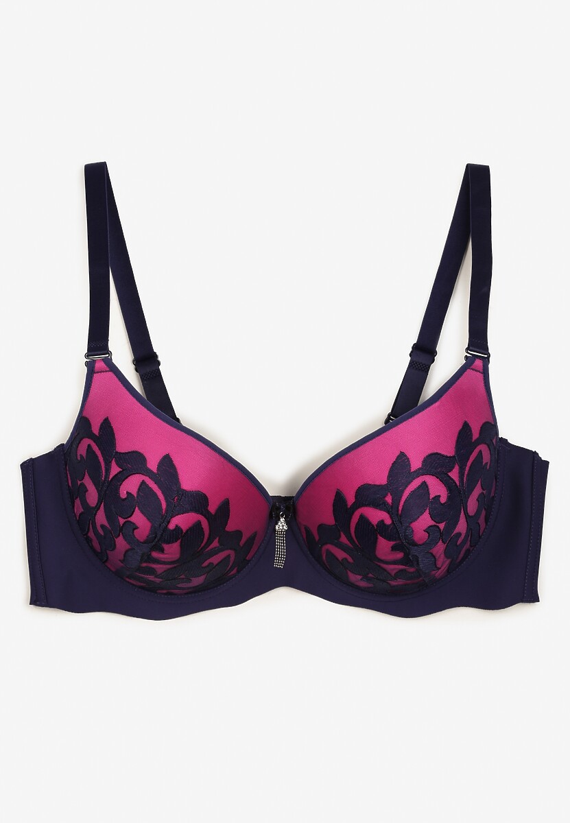 Granatowo-Fuksjowy Biustonosz z Miseczkami Full Cup i Koronką Timapel