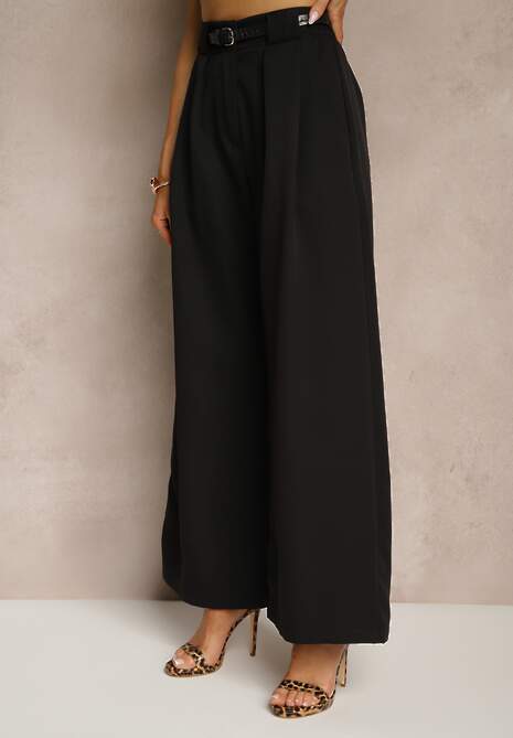 Czarne Szerokie Spodnie High Waist o Garniturowym Kroju z Zakładkami Uliadorea