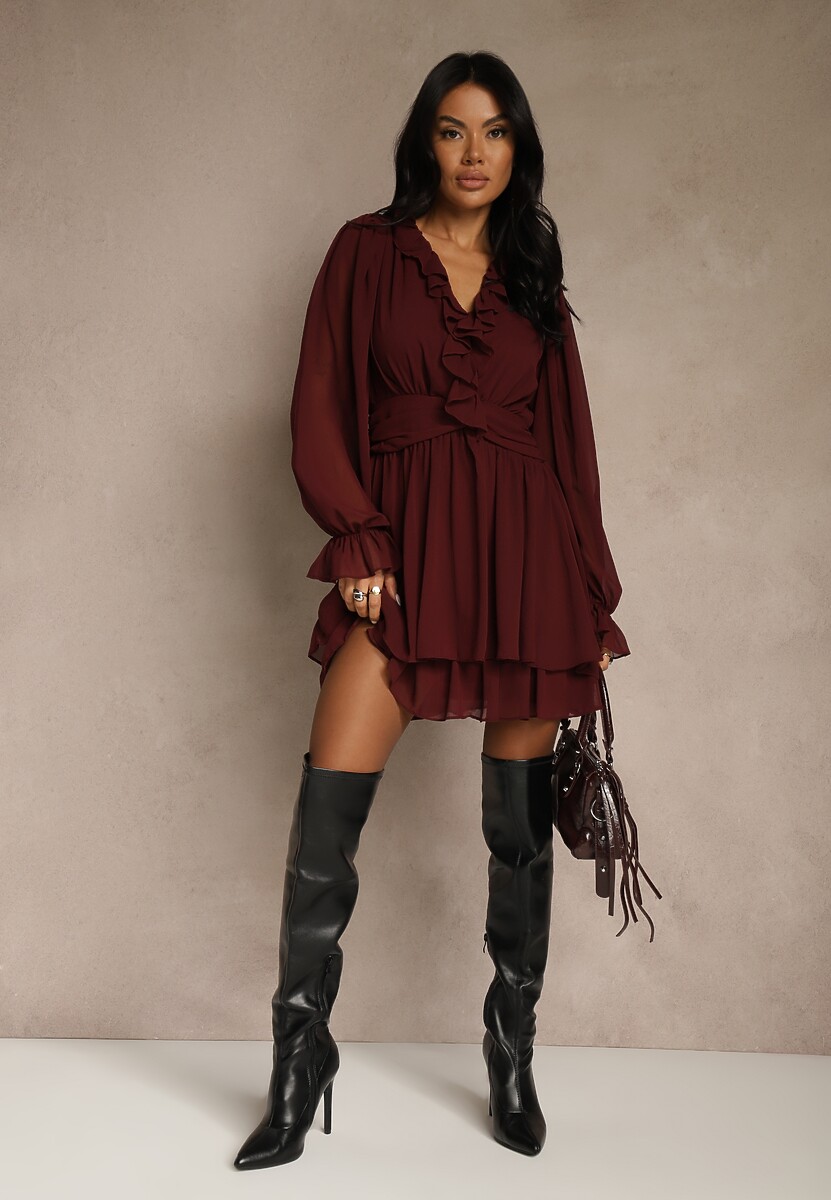 Bordowa Siateczkowa Sukienka o Rozkloszowanym Fasonie z Falbankami Zenniria