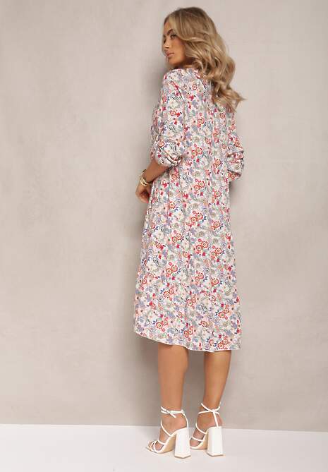 Biało-Różowa Rozkloszowana Sukienka Midi z Bawełny Ozdobiona Kwiatami Menomia