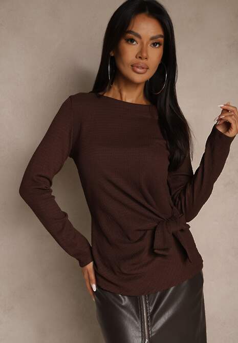 Brązowa Bluzka z Wiązaniem z Boku Esnaria