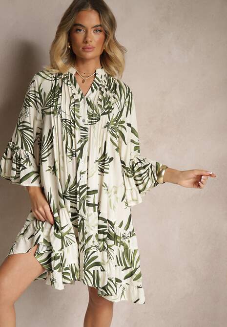 Zielona Rozkloszowana Sukienka z Wiskozy z Falbanami z Motywem Roślinnym Ridivaria