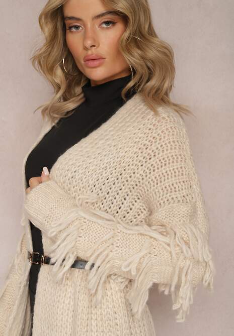 Jasnobeżowy Długi Kardigan Dzianinowy z Ozdobnymi Frędzlami i Paskiem Mesfin