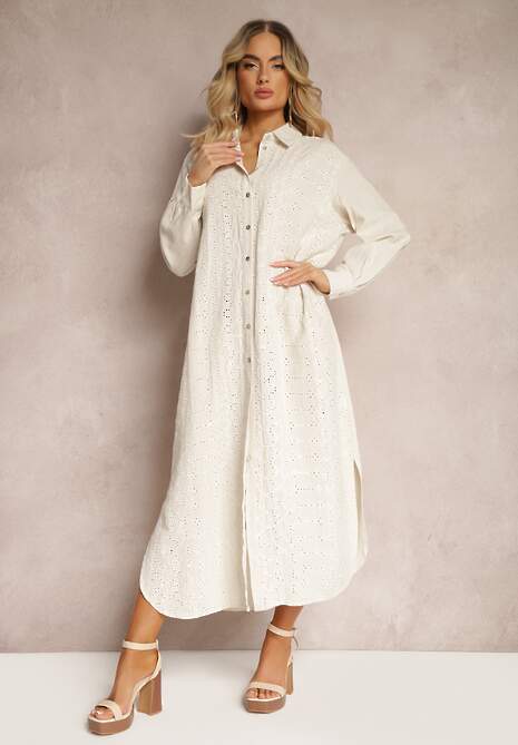 Jasnobeżowa Ażurowa Sukienka o Koszulowym Kroju z Wiskozy i Lnu z Rozcięciami i Guzikami Sannesti