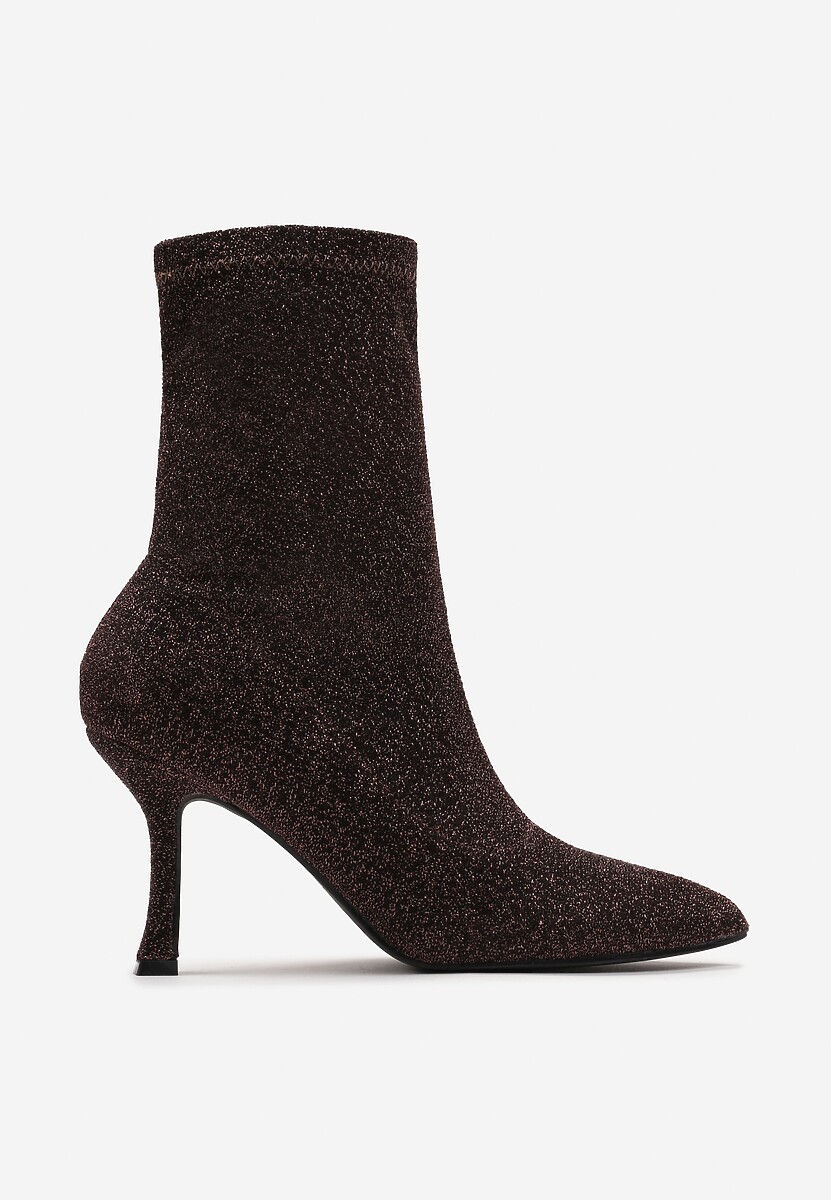 Brązowe Skarpetkowe Botki na Szpilce z Elastycznego Materiału z Brokatowym Połyskiem Sulcia