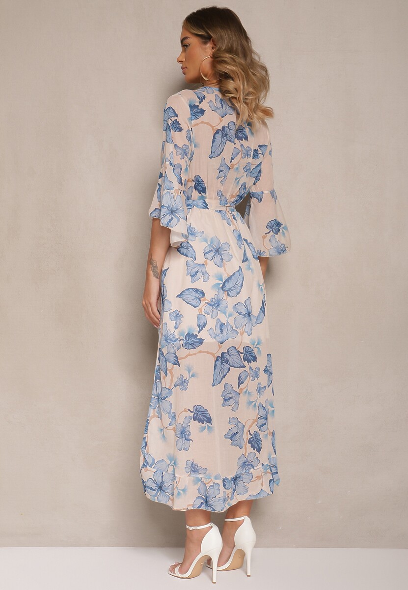 Niebieska Asymetryczna Sukienka z Bawełny z Kopertowym Dekoltem i Wiązanym Paskiem Nitilira