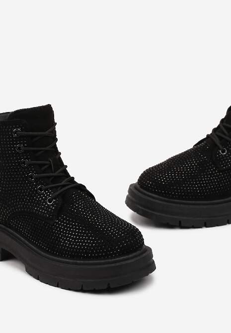 Czarne Wiązane Botki na Grubej Podeszwie w Cyrkonie Celebria