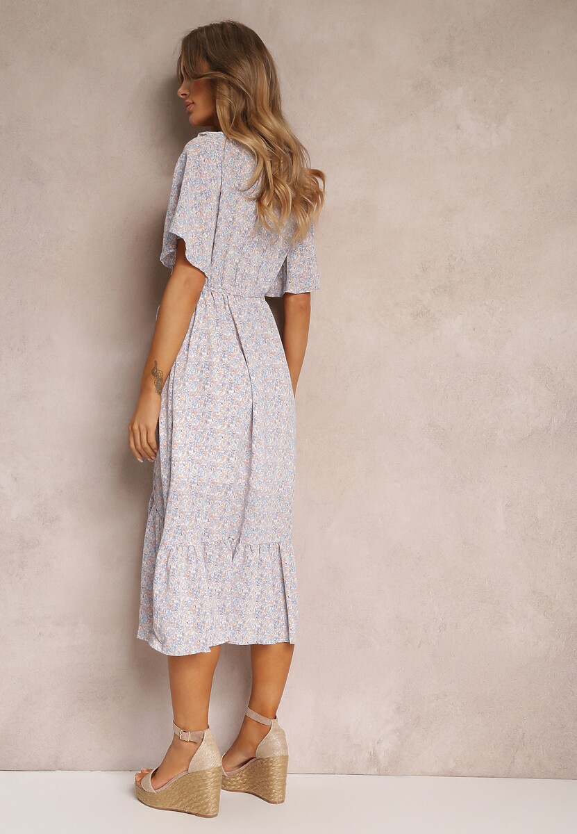 Jasnoniebieska Sukienka Midi z Falbankami Kopertowym Dekoltem i Gumką w Pasie Denila