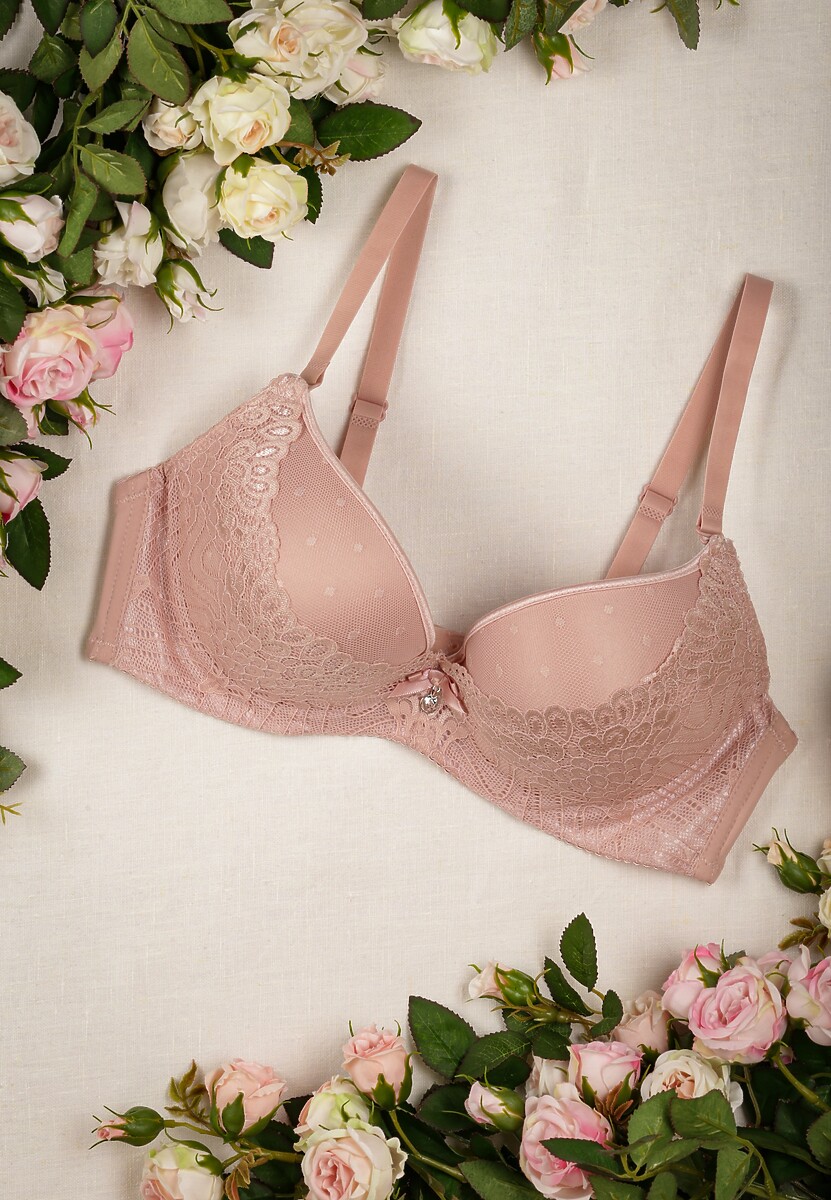 Różowy Biustonosz z Koronkowymi Wstawkami i Efektem Push Up Sellish