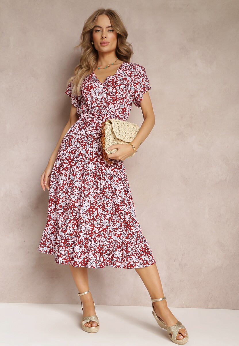 Czerwona Bawełniana Sukienka z Guzikami Przy Dekolcie i Gumką w Pasie Grasita