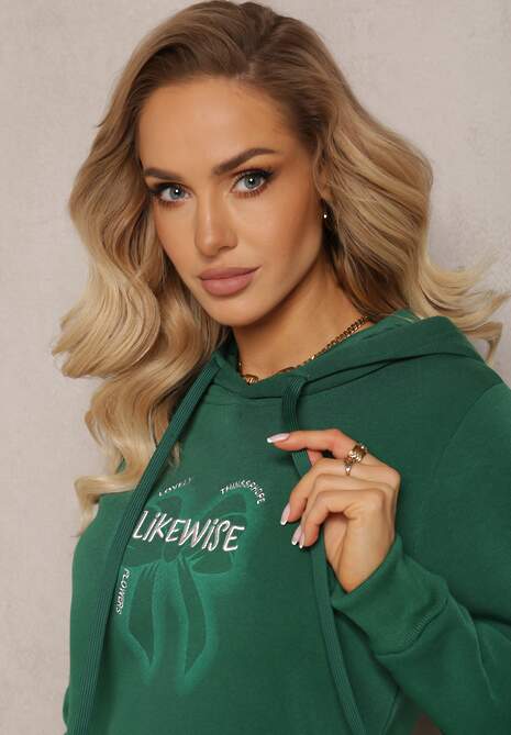 Zielona Bluza Wykończona Polarem z Nadrukiem i Kapturem Nimba