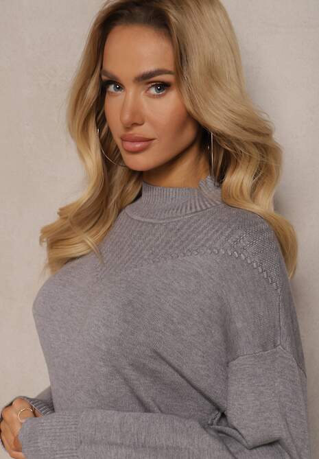 Szara Pudełkowa Sukienka z Półgolfem Wiskozą Modalem i Prążkowanymi Elementami Ennora