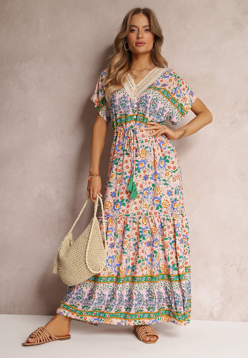 Różowo-Niebieska Sukienka Maxi ze Sznurkiem w Talii i Koronkową Wstawką przy Dekolcie Mererid