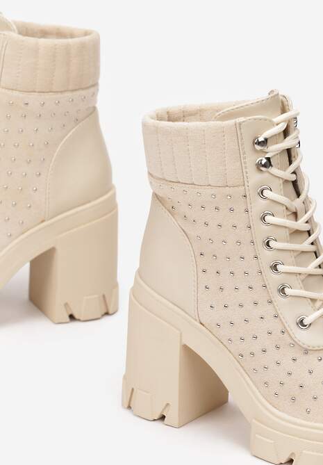 Beżowe Botki Sznurowane na Słupku Hiesore